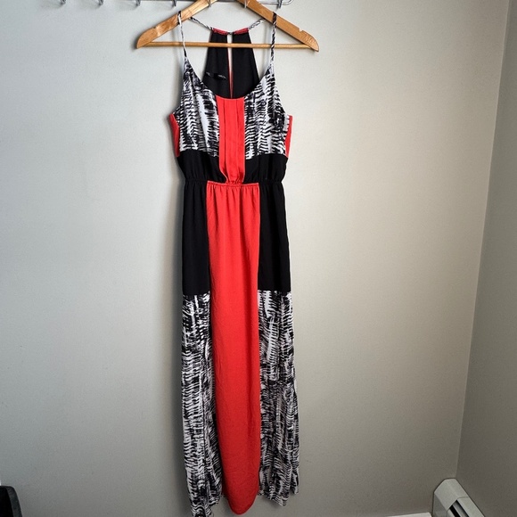 Maurices X-Small Split Front Maxi Dress Red/Black/White Babydoll Spaghetti Strap - Picture 1 of 16
